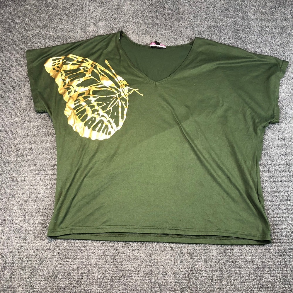 Discreet Women Green Butterfly Print V Neck Dolman‎ Sleeve Tunic Top Shirt Large